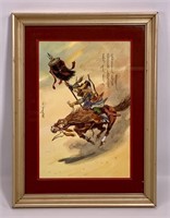 Watercolor - Asian warrior on horseback, signed,
