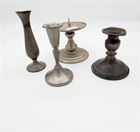 Three Pewter Candlesticks & Bud Vase