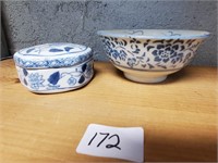 Blue & White Chinese Porcelian Bowl & Trinket Box
