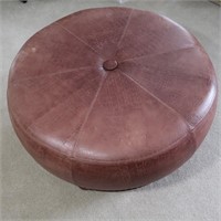 Leather/Wood Round Ottoman w/Brass Accents-Bombay