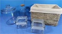 Glass Canisters, Storage Items in Wicker Basket