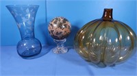 Blue Glass Etched Vase, Heavy Marble Ball, Glass