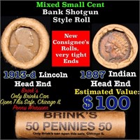 Mixed small cents 1c orig shotgun roll, 1913-d Whe