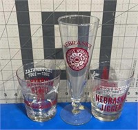 2 Nebraska Jiggers centennial glass and one long