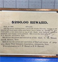 1904 $290.00 reward card for stolen horse
