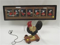 FRAMED SUNBONNET GIRL POSTCARDS & ROOSTER PULL-TOY