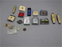 Lot of Vintage Lighters, Knives, Pins, Coins