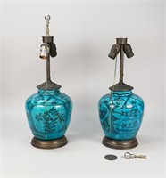 Pair Turquoise Glaze Art Pottery Lamps