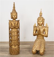2 Thai Gilt Wood Temple Guardian Statues