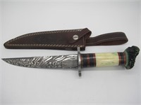 LARGE CUSTOM DAMASCUS KNIFE W/ LEATHER SHEATH
