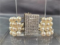14K White Gold, Pearl, and Diamond Bracelet