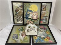 SET OF FIVE K CHIN OWL PRINTS AND VINTAGE PAPER