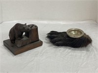 TAXIDERMIED BEAR PAW ASH TRAY AND CARVED WOODEN