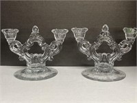 PAIR CRYSTAL DOUBLE CANDLE HOLDERS WITH ETCHED