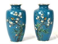 Pr Japanese Blue Enamel Cloisonne Vases