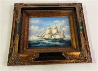 Sailboat Oil Painting Victorian Frame 17” by 15”