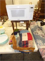 MICROWAVE , SMALL TABLE, & VINTAGE QUILTS