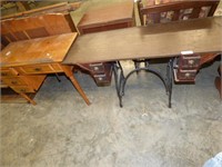 OLD CAST IRON BASE SEWING TABLE & SEWING CABINET