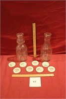 2 Vintage Quart Milk Bottles & Assorted Cream Tops