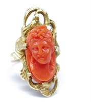 Antique carved coral cameo set yellow gold