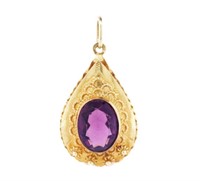 Amethyst glass set yellow gold cannetille drop