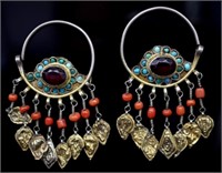 Silver, coral, turquoise and glass earrings C.1880
