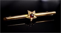 Antique garnet, seed pearl and yellow gold brooch