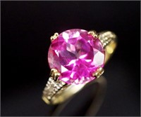 Synthetic pink sapphire set 10ct yellow gold