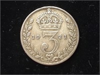 1921 United Kingdom THREE PENCE silver coin
