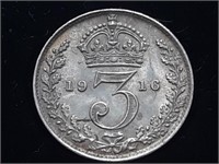 1916 United Kingdom 3 Pence silver coin