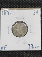 1871 Nickel Three Cent Piece coin marked VF