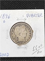 1896-O Barber Silver Quarter coin marked Good