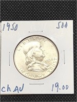 1950 Franklin Silver Half Dollar coin marked AU