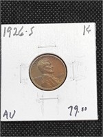 1926-S Lincoln Wheat Cent Penny Coin marked AU