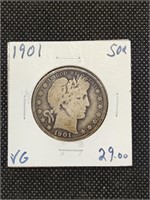 1901 Barber Silver half dollar coin marked VG