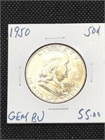 1950 Franklin Silver Half Dollar coin marked Gem