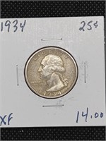 1934 Washington Silver Quarter coin marked XF