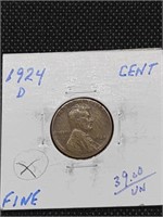 1924-D Lincoln Wheat Cent Penny Coin marked Fine