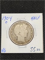 1904-O Barber Silver Half Dollar coin marked VG