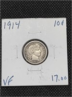1914 Barber Silver Dime Coin marked VF