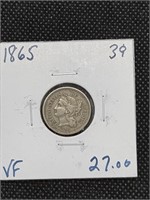 1865 Nickel Three Cent Piece coin marked VF