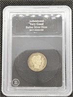1907 Barber Silver Dime Coin marked VG slabbed