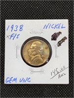 1938 Jefferson Nickel coin marked Gem Uncirculated