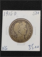 1915-D Barber Silver Half Dollar coin marked VG