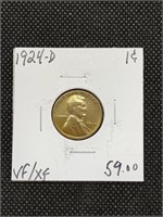 1924-D Lincoln Wheat Cent Penny Coin marked VF XF