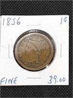 1856 Liberty Head Large Cent coin marked Fine
