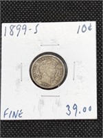 1899-S Barber Silver Dime Coin marked Fine