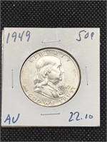 1949 Franklin Silver Half Dollar coin marked AU