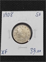 1908 Liberty V Nickel coin marked XF