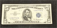 1953-A Star Note $5 Silver Certificate US paper